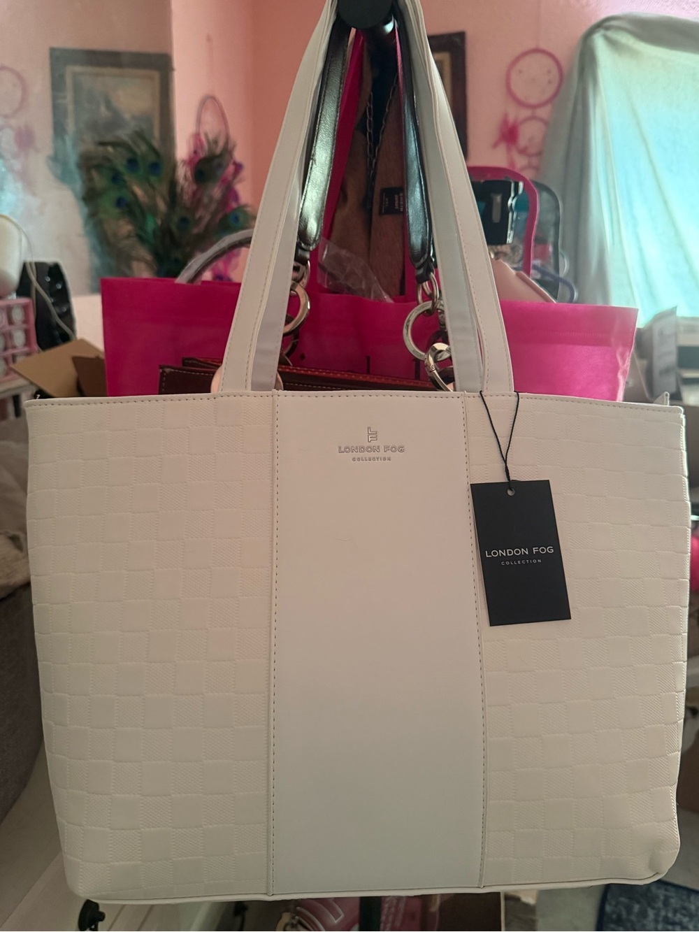 London Fog Cream Textured Checker Tote Bag